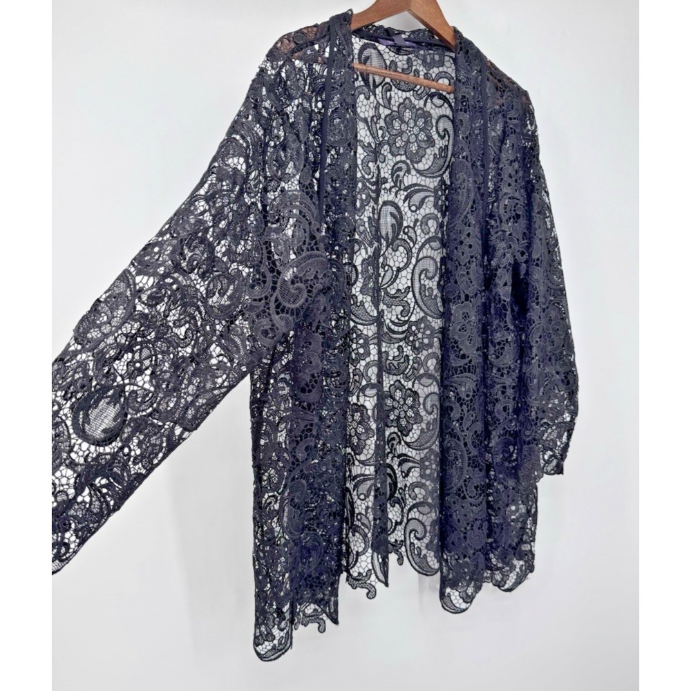 Roaman's Black Floral Crochet Lace Duster Cardigan whimsigoth fairy grunge 28W